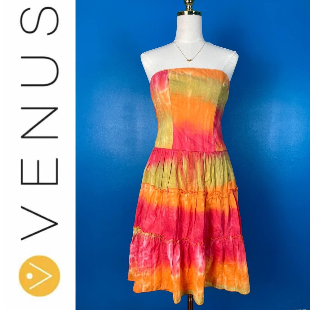 VENUS 3-Tiered Tie-Dyed Strapless Dress, Size Small
